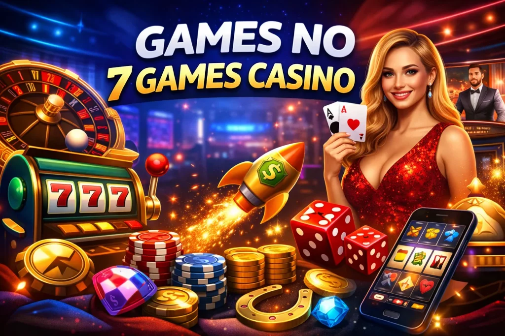 Tela promocional do 7 Games Casino com roleta iluminada, máquina de Slots 777, fichas, moedas, dados, celular com jogo e destaque para diferentes Games online
